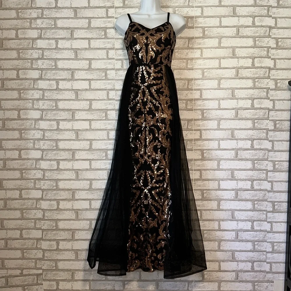 Penelope Tulle Black Gold Sequin Gown Small - Picture 4 of 9